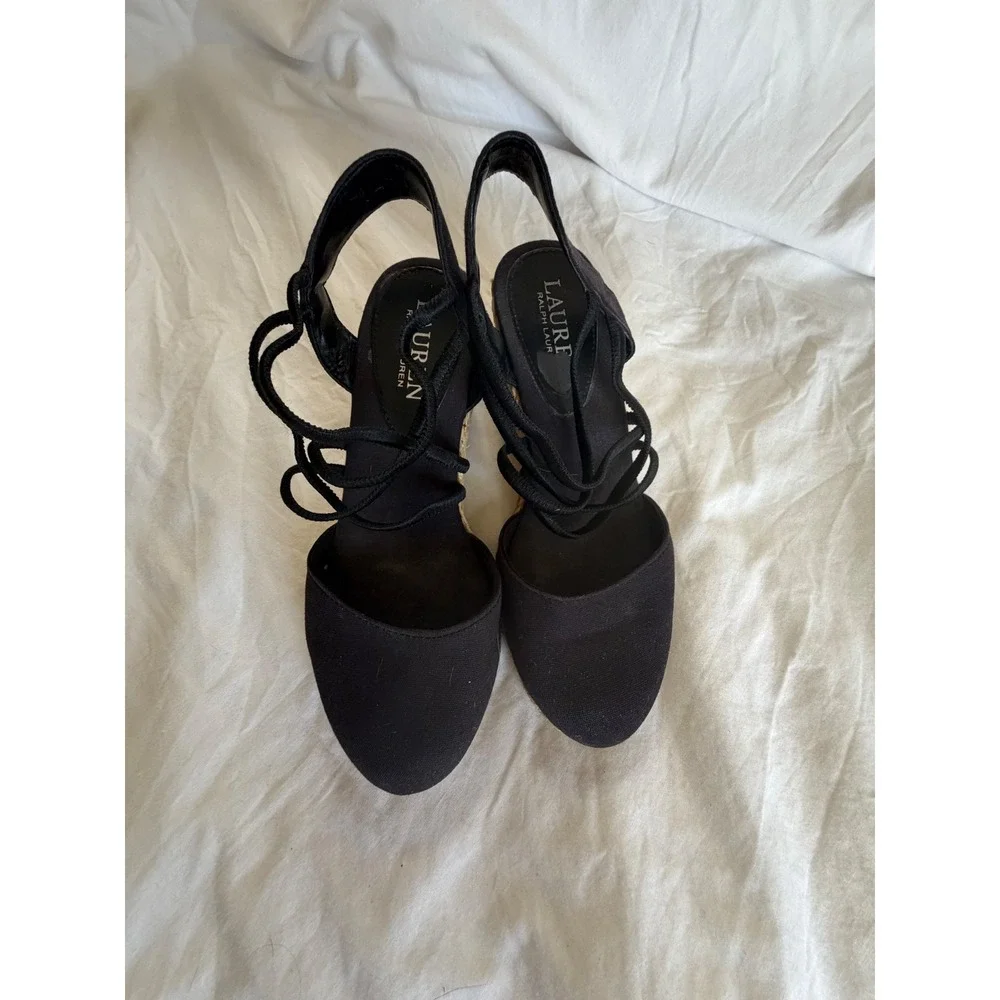 Lauren Ralph Lauren caralee Black Canvas Espadrille Wedge Sandals‎ Womens 6B